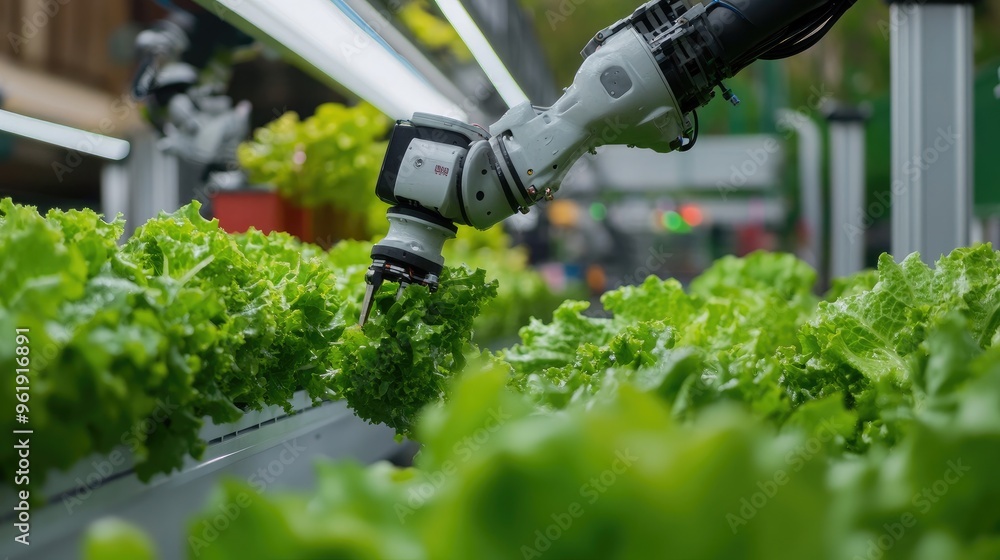 Poster advanced robotic technology harvesting leafy lettuce in a vertical farm, focusing on automation and 