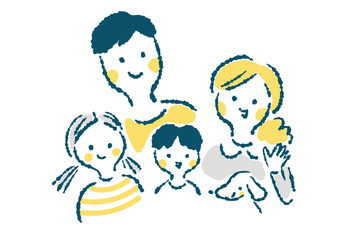 笑顔の4人家族と愛犬の上半身手描きイラスト