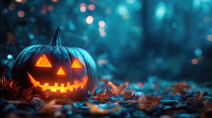 Naklejka premium A pumpkin with a smiley face on it is sitting on the ground in a forest