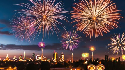 A city skyline lit up with vibrant Diwali fireworks, celebrating the festival of lights