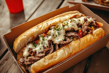 Philly cheese steak sandwich on wooden table in box