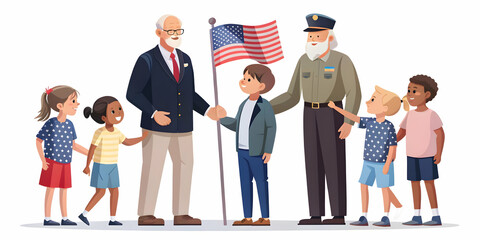 Fototapeta premium Candid Flat Vector Illustration of Veterans Day Event: Heartwarming Interaction Between Veterans and Children, Showcasing Smiles and Generational Connections