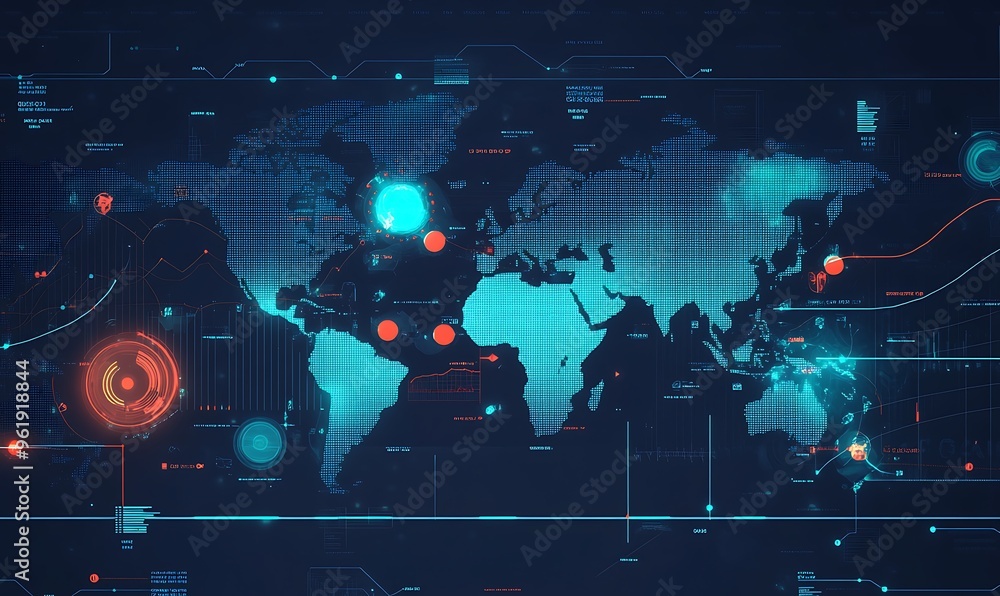 Aufkleber futuristic digital world map with data overlays and graphical elements