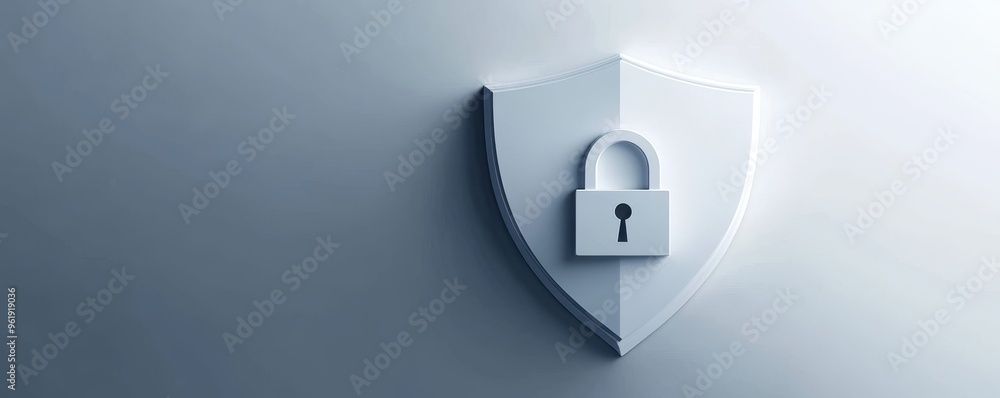Poster futuristic protective shield with safety lock icon on white background for design concepts.