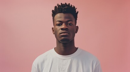 Obraz premium Portrait of a person with a serious expression, wearing a white shirt, set against a soft pink background.