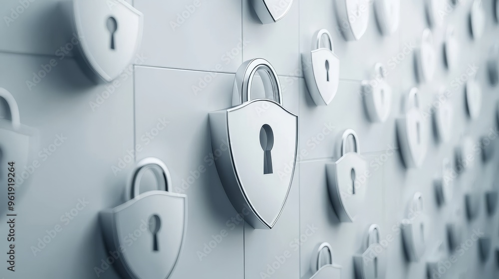 Poster Secure Your Space - Modern Security Lock and Shield Symbols on White Background with Ample Text Space