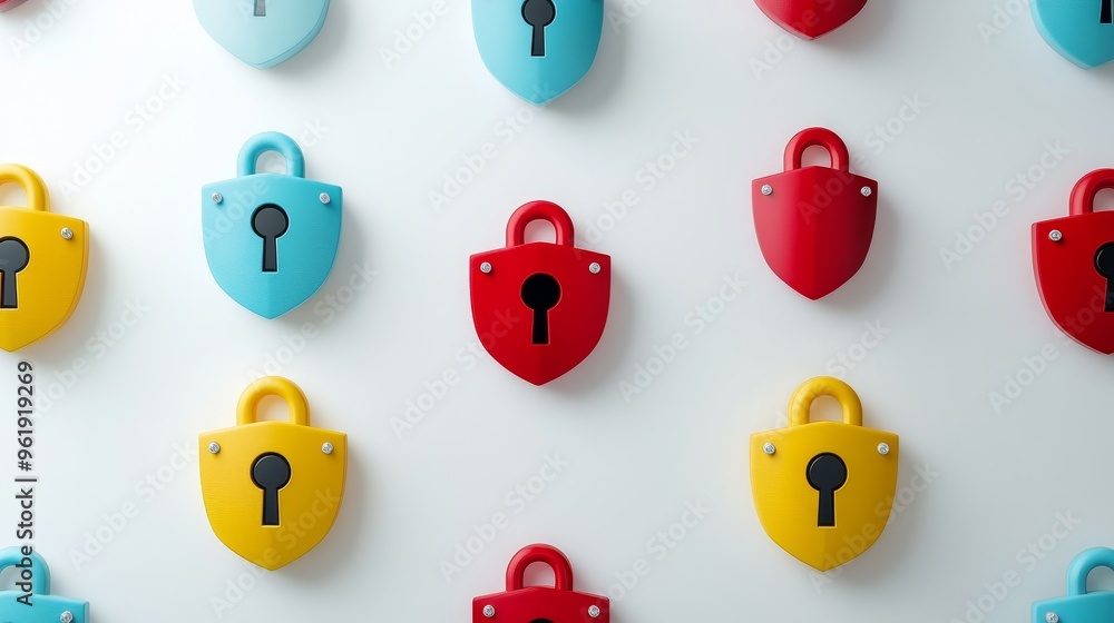 Poster modern security concept: lock and shield symbols on white background with text space