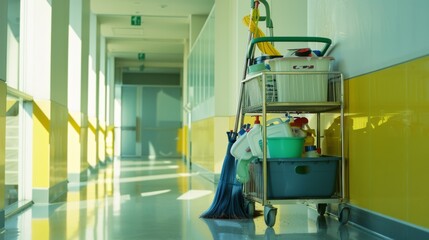 A well-stocked janitorial cart stands in a brightly lit, clean hallway with yellow and white walls.
