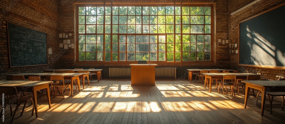 Poster empty classroom with sunlight streaming through window