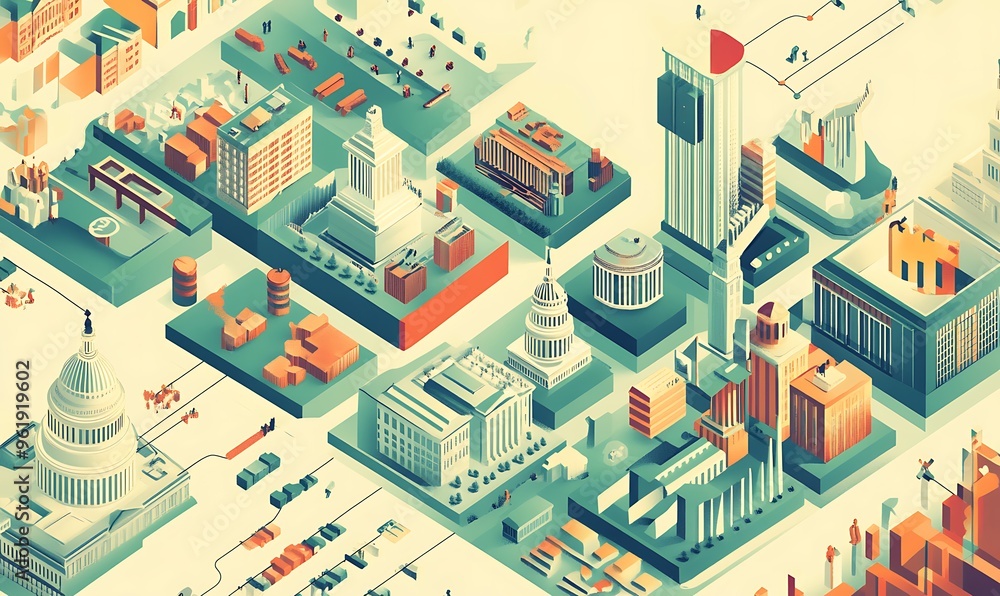 Poster isometric cityscape with buildings and connected lines