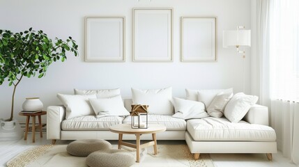 A bright, minimalist living room with a white sofa, framed empty picture frames, and a green potted plant by the window.