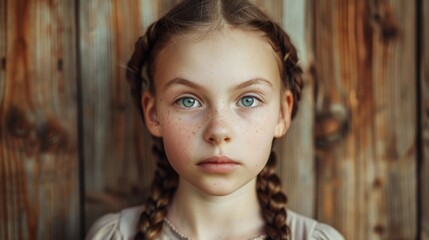 Fototapeta premium A young girl with striking blue eyes and braided hair stands against a rustic wooden background, evoking a sense of innocence and simplicity.