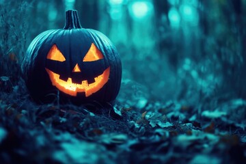 Fototapeta premium A pumpkin with a smiley face on it is sitting on the ground in a forest