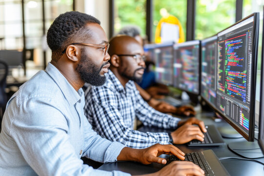 Diverse Young Colleagues Working on Computers in a Research Laboratory. Female Asking Advice from a Male Software Developer Colleague About a Solution for Their Collaborative Industrial Tech Project