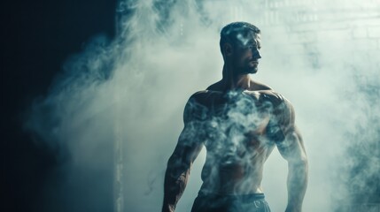 A muscular man stands confidently, enveloped in mist, exuding strength and determination amidst a dramatic backdrop.