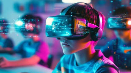 students using virtual reality VR headsets and augmented reality AR devices in a tech-savvy classroom, interacting with digital educational content, with futuristic elements