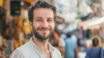 Fototapeta premium A bearded man smiles warmly against a bustling, vibrant market background, exuding friendliness and joy.