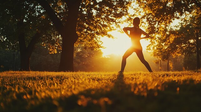 A person doing a morning fitness routine in a park, stretching with the sunrise in the background.