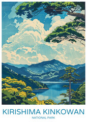 Kirishima Kinkowan National Park Poster Illustration Travel Print Decor Gift Paper Canvas Wall Retro Art