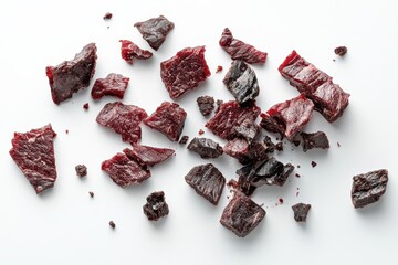 Pieces of beef jerky fall on a white surface