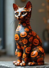 a cat statue with  seamless pattern featuring Halloween jack-o'-lanterns with scary faces  