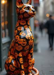 a cat statue with  seamless pattern featuring Halloween jack-o'-lanterns with scary faces  
