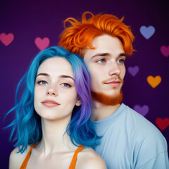 Obraz premium Romantic couple with bright hair on purple background with hearts