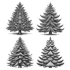 Obraz premium Set collection of Christmas trees, unique designs and festive decorations, vintage holiday sketch engraving generative ai vector illustration. Scratch board imitation. Black and white image.