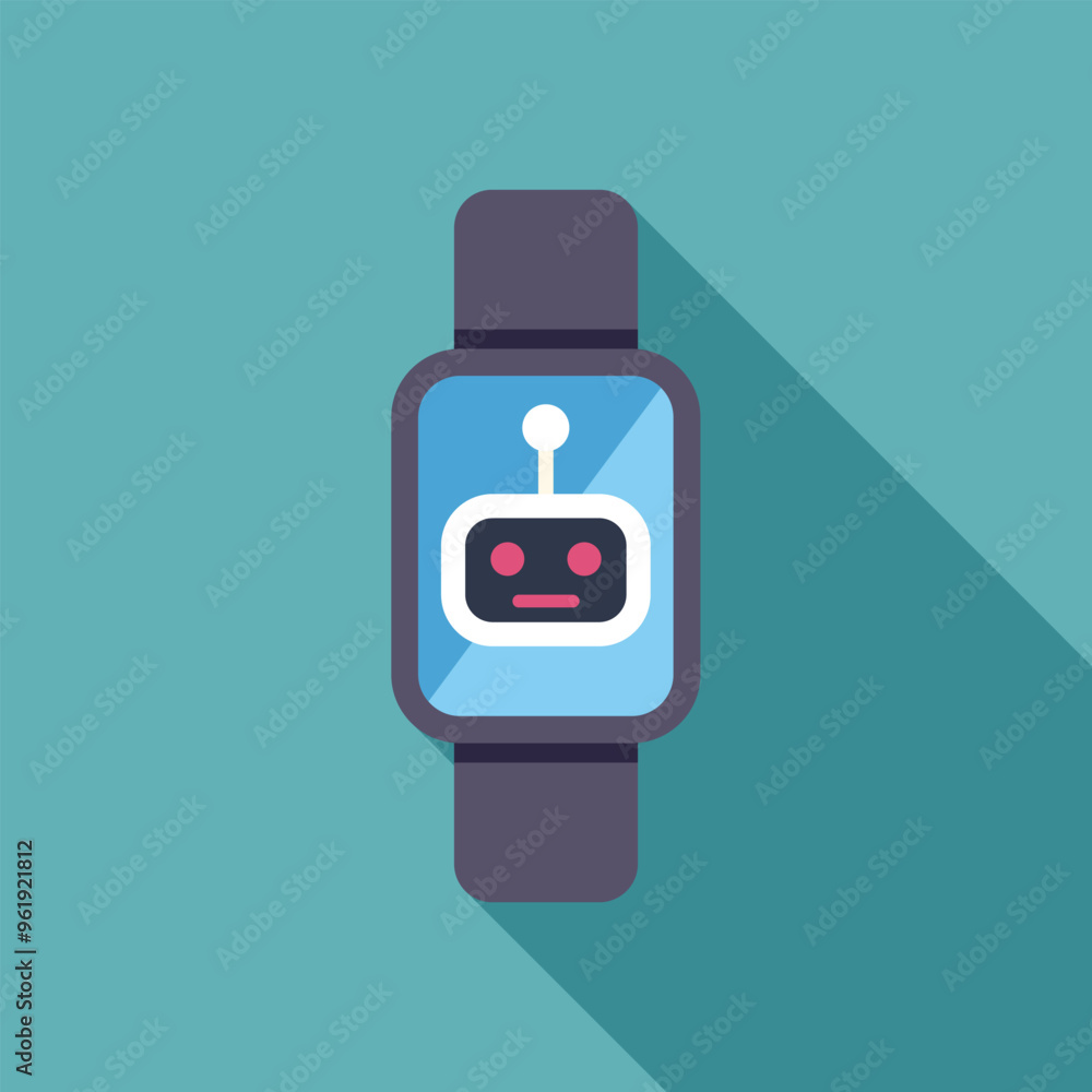 Poster modern smartwatch displaying artificial intelligence chatbot interface with long shadow on turquoise