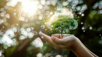 A hand holding a small tree with digital network overlay, symbolizing the blending of nature and technology for a sustainable future.
