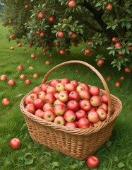 Still life with a wicker basket of ripe apples in the garden