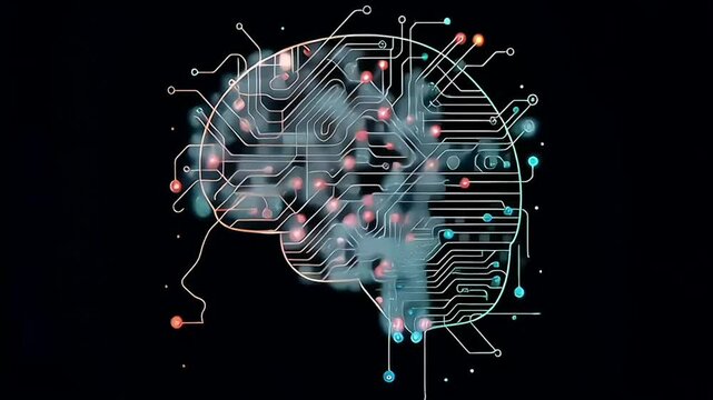 Circuits in shape of human brain with electricity flowing. Pink and blue illustration on contrasting dark background. Video loop.