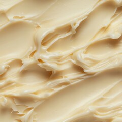 A white mousse texture, yogurt cream in the background, sour cream flowing into a liquid fluid. A macro liquid white wave of sour cream.