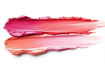 Pink peach and red lipstick swatch on white background with space for text Lip gloss texture
