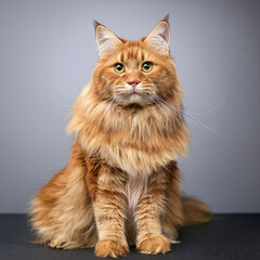 Maine Coon cat portrait on grey background
