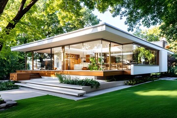 Modern House with Large Windows and Green Lawn.
