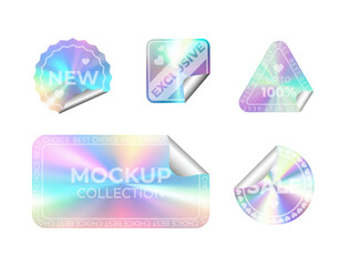 Templates for stickers, mockups of realistic shapes with holographic gradient on a transparent background