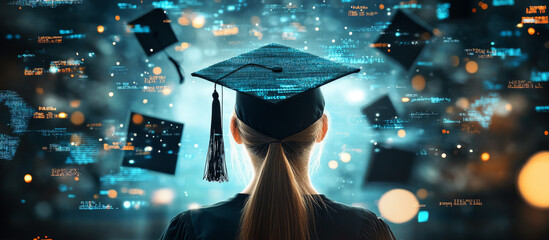 Graduation celebration with digital avatars and pixelated caps in virtual environment.