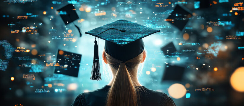 Graduation celebration with digital avatars and pixelated caps in virtual environment.