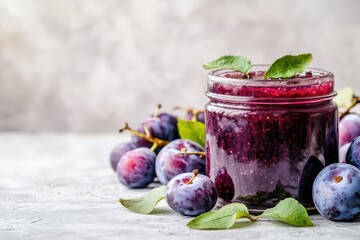 Plum jam in a jar with plums tkemali sauce winter preparation light background