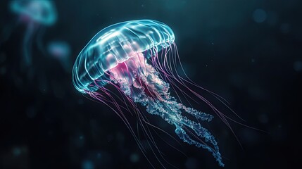 Obraz premium Iridescent transparent jellyfish floating in a dark ocean vibrant colors bioluminescence detailed textures ultra-realistic