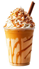 Delicious caramel frappe topped with whipped cream and crunchy caramel bits, with transparent background