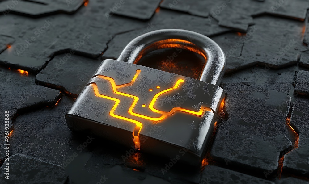 Poster glowing circuitry inside a metallic padlock on a dark background