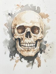 A striking watercolor painting of a human skull, showcasing intricate details and artistic splashes of color.