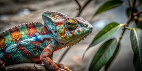 Obraz premium Vibrant Chameleon Resting on a Branch with Lush Green Leaves in the Background
