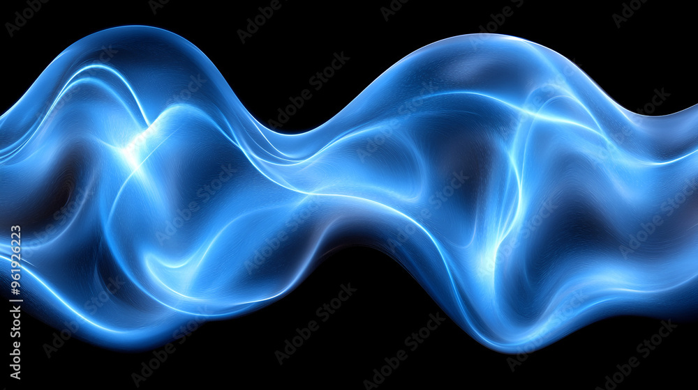 Poster abstract blue light waves on a black background creating a sense of movement and fluidity in digital