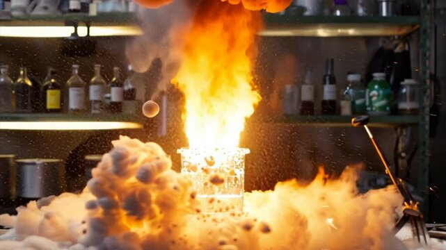 Science Experiment Explosion: A dramatic, high-energy photograph capturing the moment of a science experiment explosion, with billowing smoke and flames erupting from a glass container. The image evok