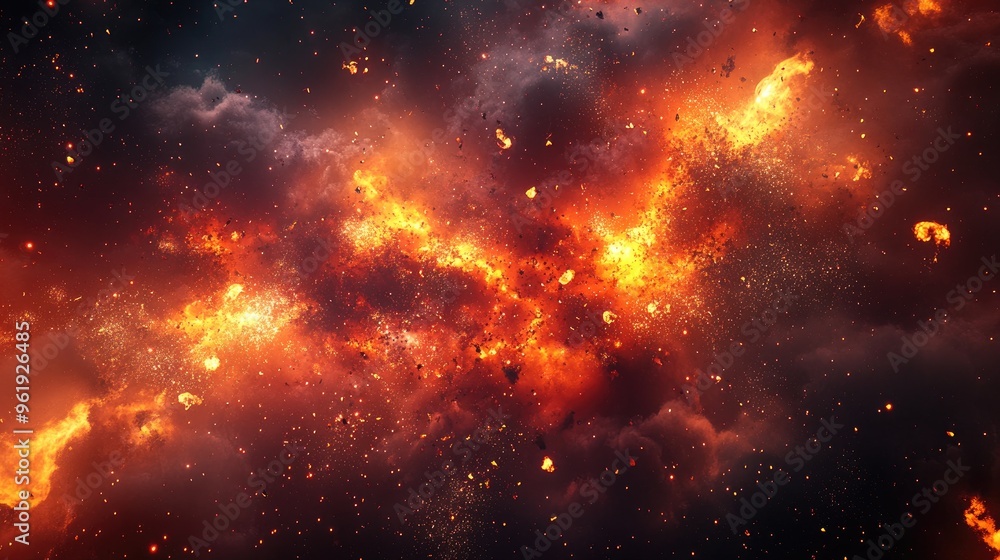 Aufkleber bright flames and explosive particles burst forth on a dark background, creating a dramatic scene of