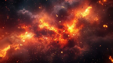 Bright flames and explosive particles burst forth on a dark background, creating a dramatic scene of destruction