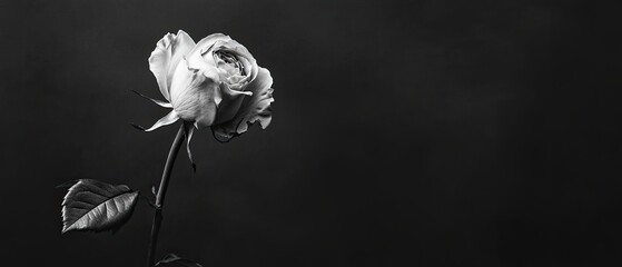 Black and white photo of a wilted rose on a solid black background dramatic lighting